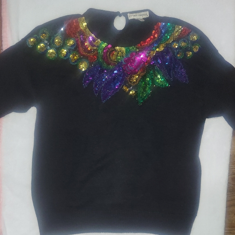 5 For $10 Black Vintage Sweater with Multicolor Sequin Embellishment
